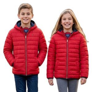 NWOT Tommy Hilfiger Kids Red Hooded Puffer Jacket Coat Boys Girls M 10/12